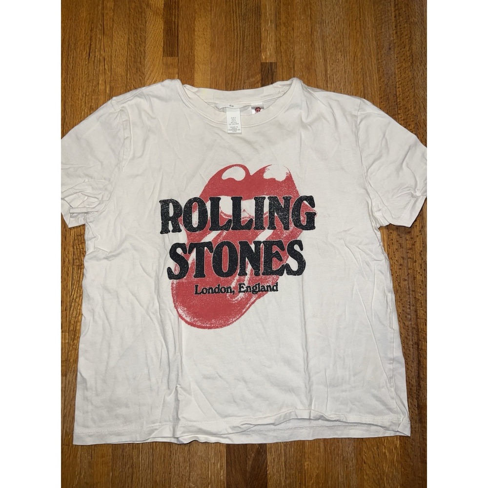 H&M Women SM The Rolling Stones London England White Short Sleeve Big Logo Tee